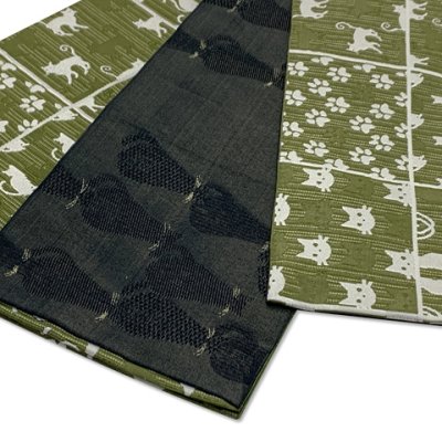 画像2: 半幅帯 着物や浴衣に 半巾帯(細帯) 小袋帯 合繊 約400cm【抹茶ｘ黒系、格子に猫】