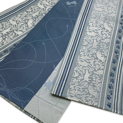 画像2: 半幅帯 着物や浴衣に 半巾帯(細帯) 小袋帯 合繊 長尺 約440cm【青鼠系、猫献上】