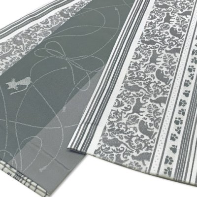 画像2: 半幅帯 着物や浴衣に 半巾帯(細帯) 小袋帯 合繊 長尺 約440cm【グレー系、猫献上】