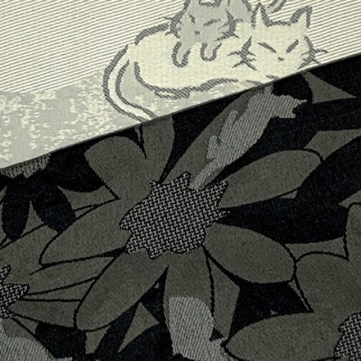 画像3: 半幅帯 着物や浴衣に 半巾帯(細帯) 小袋帯 合繊 約400cm【黒灰ｘグレー、デイジーと猫】