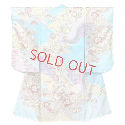 画像2: 七五三 着物 7歳 セット 合繊 絵羽柄の子供着物 結び帯コーディネートセット【ライトブルー系、古典柄】