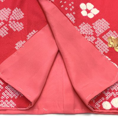 画像5: 七五三 着物 7歳 フルセット 日本製 正絹 本絞り柄 金駒刺繍 絵羽付け 着物と結び帯 コーディネートセット【チェリーレッド、梅】