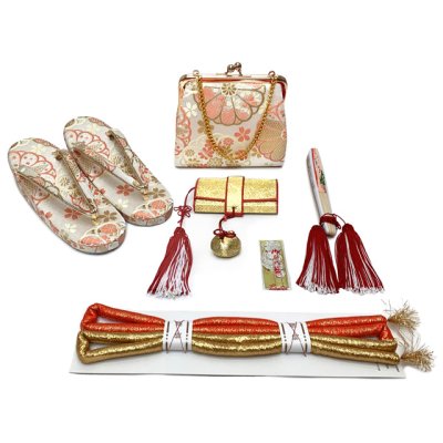 画像7: 七五三 着物 7歳 フルセット 日本製 正絹 本絞り柄 金駒刺繍 絵羽付け 着物と結び帯 コーディネートセット【チェリーレッド、梅】