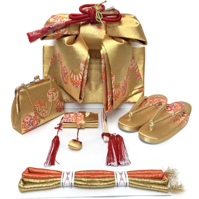 画像6: 七五三 7歳 女の子 着物セット 日本製 正絹 手描き 金駒刺繍 絵羽付け 四つ身の着物と結び帯 フルセット【群青、宝尽くし】