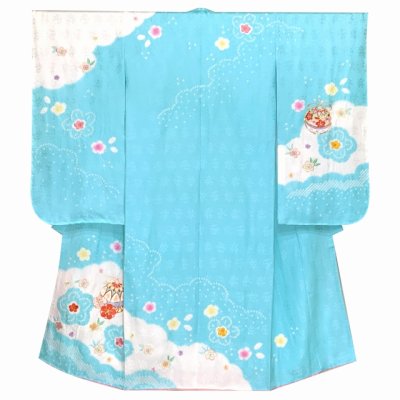 画像2: 七五三 7歳 女の子用 日本製 正絹 本絞り 総刺繍 絵羽付け 四つ身の着物 襦袢 伊達衿付き【水色、鈴】