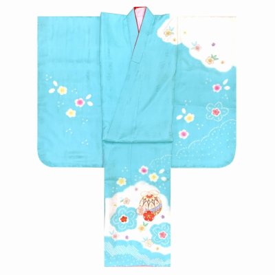 画像3: 七五三 7歳 女の子用 日本製 正絹 本絞り 総刺繍 絵羽付け 四つ身の着物 襦袢 伊達衿付き【水色、鈴】