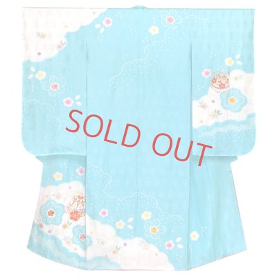 画像2: 七五三 7歳 女の子 着物セット 日本製 正絹 本絞り 総刺繍 絵羽付け 四つ身の着物と結び帯 フルセット【水色、鈴】