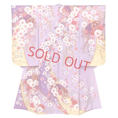 画像2: 七五三 着物 7歳 セット 正絹 刺繍入り 四つ身着物と結び帯 コーディネートフルセット【藤色、枝垂れ桜に鞠】
