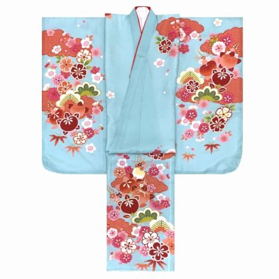 画像3: 七五三 着物 7歳女の子正絹 四つ身の着物(単品)【水色、橘】