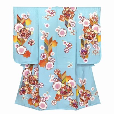 画像2: 七五三 着物 7歳女の子正絹 四つ身の着物(単品)【水色、橘と梅】