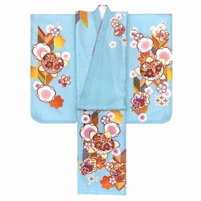 画像3: 七五三 着物 7歳女の子正絹 四つ身の着物(単品)【水色、橘と梅】