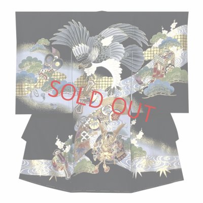 画像2: お宮参り 着物 男の子 赤ちゃんのお祝い着 産着 初着 正絹 襦袢付き【黒地、鷹・兜】