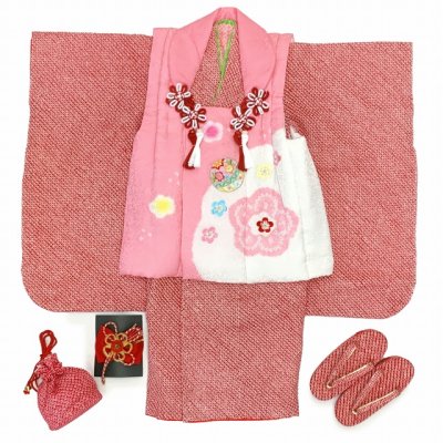 画像4: ≪１点限り！ オリジナル・コーディネートセット≫七五三 3歳 着物 セット 女の子 被布セット 正絹 本絞り 刺繍柄 被布コート・着物 フルセット【ピンクx赤、鞠と梅】