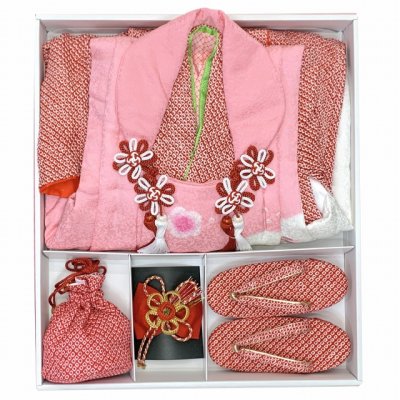 画像10: ≪１点限り！ オリジナル・コーディネートセット≫七五三 3歳 着物 セット 女の子 被布セット 正絹 本絞り 刺繍柄 被布コート・着物 フルセット【ピンクx赤、鞠と梅】