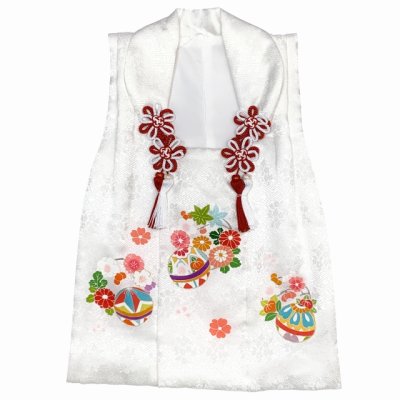 画像2: 被布コート ３歳女の子用 七五三 日本製 正絹 手描き 被布コート(単品)【白、鞠と花輪】