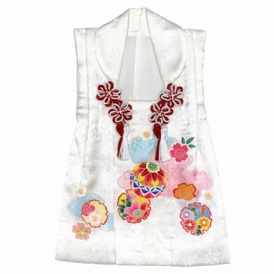 画像2: 被布コート ３歳女の子用 七五三 日本製 正絹 手描き 被布コート(単品)【白、鞠と雪輪に花】