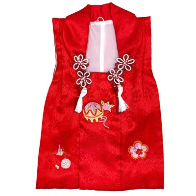 画像2: 被布コート ３歳女の子用 七五三 日本製 正絹 刺繍柄 被布コート(単品)【赤、鞠と鶴・梅】
