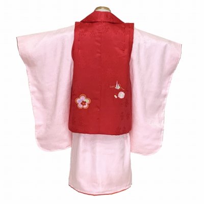 画像3: ≪１点限り！ オリジナル・コーディネートセット≫七五三 3歳 着物 セット 女の子 被布セット 女の子 正絹 刺繍柄の被布コート・着物 フルセット【赤ｘピンク、鞠と鶴・梅】