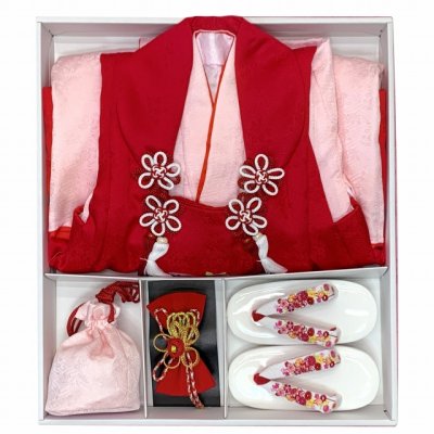 画像10: ≪１点限り！ オリジナル・コーディネートセット≫七五三 3歳 着物 セット 女の子 被布セット 女の子 正絹 刺繍柄の被布コート・着物 フルセット【赤ｘピンク、鞠と鶴・梅】