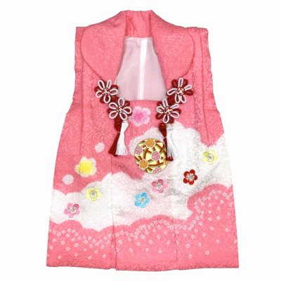 画像2: 被布コート ３歳女の子用 七五三 日本製 正絹 本絞り 刺繍柄 被布コート(単品)【ピンクｘ白、鞠と梅】