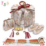 七五三 結び帯 箱せこセット ペアセット 7歳 女の子 金襴生地の作り帯セット(合繊)【白系、鞠と桜】