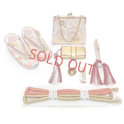 画像2: 七五三 結び帯 箱せこセット ペアセット 7歳 女の子 金襴生地の作り帯セット(合繊)【白系、鞠と桜】
