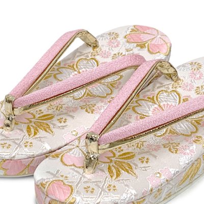 画像2: 子供草履 七五三 女の子用 7歳 金襴生地 草履 21cm【白、桜】