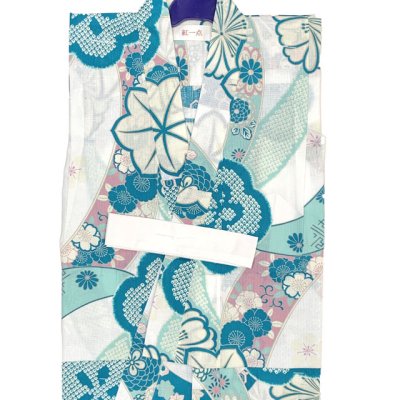 画像2: 2025年新作 “紅一点”ブランド 子供浴衣 女の子 130サイズ & しわ兵児帯 2点セット 【ターコイズ、熨斗と桜紅葉】