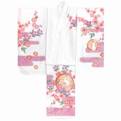 画像3: 七五三 着物 7歳 女の子用 日本製 絵羽柄の四つ身の子供着物  合繊 襦袢付き【白、うさぎにエ霞、橘】