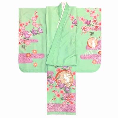 画像3: 七五三 着物 7歳 女の子用 日本製 絵羽柄の四つ身の子供着物  合繊 襦袢付き【ひわ色、うさぎにエ霞、橘】