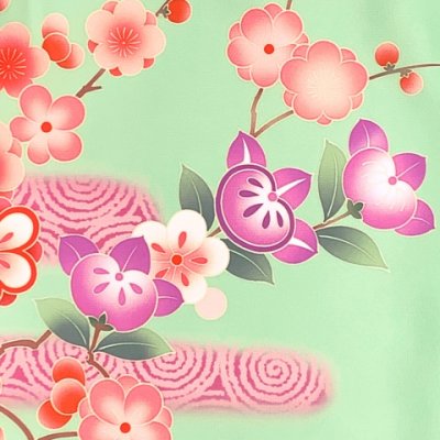 画像4: 七五三 着物 7歳 女の子用 日本製 絵羽柄の四つ身の子供着物  合繊 襦袢付き【ひわ色、うさぎにエ霞、橘】