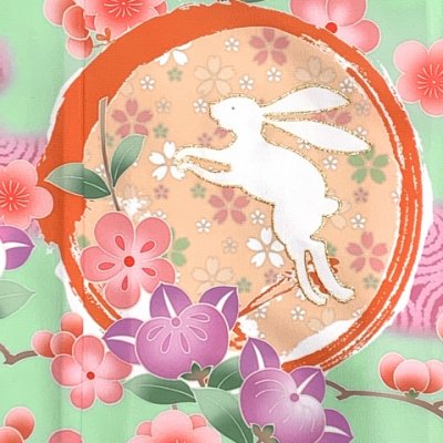 画像6: 七五三 着物 7歳 女の子用 日本製 絵羽柄の四つ身の子供着物  合繊 襦袢付き【ひわ色、うさぎにエ霞、橘】