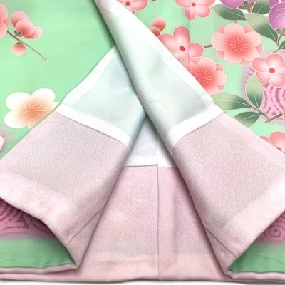 画像8: 七五三 着物 7歳 女の子用 日本製 絵羽柄の四つ身の子供着物  合繊 襦袢付き【ひわ色、うさぎにエ霞、橘】