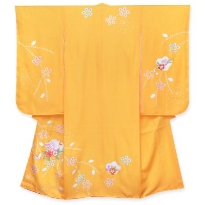 画像2: 七五三 7歳　女の子用 着物セット 正絹 女の子 本絞り 刺繍入り 絵羽柄の子供着物 セット【黄色、桜に蝶】