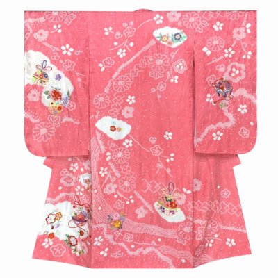 画像2: 七五三 7歳 着物 女の子用 正絹 本絞り 総刺繍 絵羽付け 四つ身の着物 襦袢 伊達衿付き【ピンク、鈴】