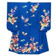画像2: 七五三 着物 正絹 フルセット 7歳 女の子  手描 盛金加工 金駒刺繍 古典柄 絵羽付け着物と結び帯セット【群青、松竹梅】