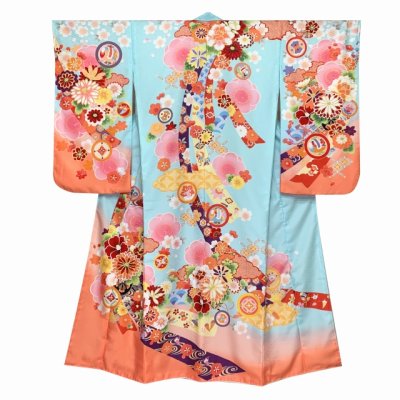 画像2: ジュニア 振袖 絵羽柄 145cm-158cm向け 長襦袢付き 合繊 小学校の卒業式 十三参り お正月に【水色ｘ橙、熨斗に花爛漫】