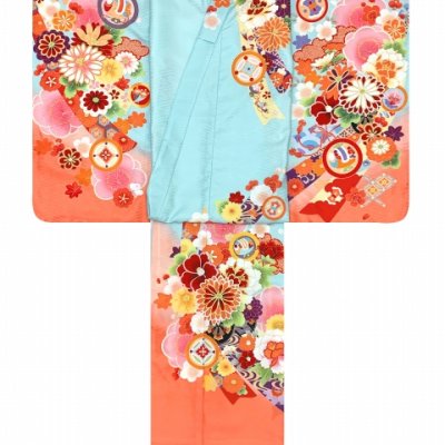 画像3: ジュニア 振袖 絵羽柄 145cm-158cm向け 長襦袢付き 合繊 小学校の卒業式 十三参り お正月に【水色ｘ橙、熨斗に花爛漫】