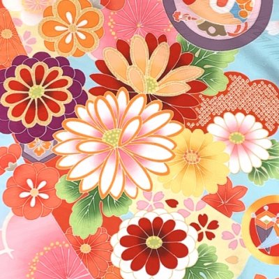 画像4: ジュニア 振袖 絵羽柄 145cm-158cm向け 長襦袢付き 合繊 小学校の卒業式 十三参り お正月に【水色ｘ橙、熨斗に花爛漫】