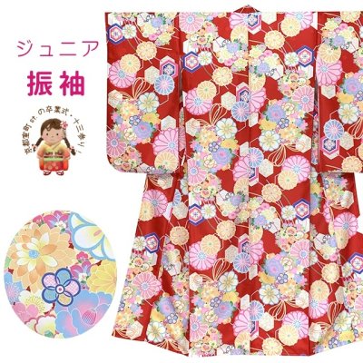画像1: ジュニアサイズ 振袖 小紋柄 150サイズ 合繊　お正月 卒業式袴に【赤、古典柄】