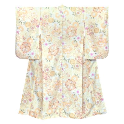 画像2: ジュニアサイズ 振袖 小紋柄 150サイズ 合繊　お正月 卒業式袴に【淡イエロー系、鞠と菊】