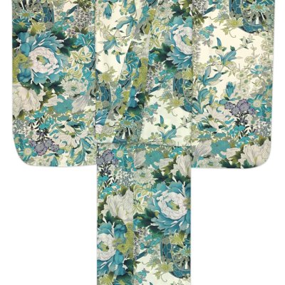 画像3: ジュニアサイズ 振袖 小紋柄 150サイズ 合繊　お正月 卒業式袴に【生成りｘ青緑系、花車】