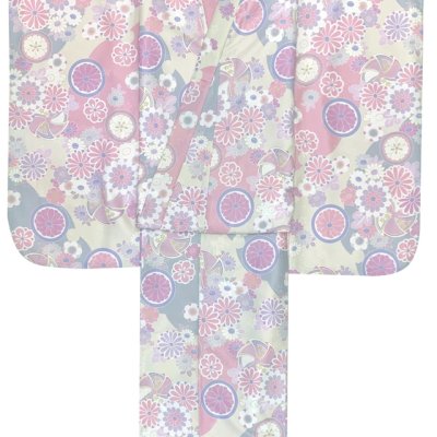 画像3: ジュニアサイズ 振袖 小紋柄 150サイズ 合繊　お正月 卒業式袴に【ベージュｘピンク、パステル菊】