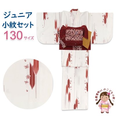 画像1: ジュニア小紋セット 130サイズ 女の子用洗える着物と襦袢、半幅帯の作り帯 3点セット【紅白矢絣】