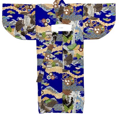 画像3: 男の子 でんちセット ウール  日本製 赤ちゃんの着物 ちゃんちゃんこセット【青系、鷹と昇り鯉】