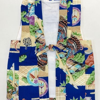 画像2: 男の子 でんちセット ウール  日本製 赤ちゃんの着物 ちゃんちゃんこセット【青系、兜・扇に舞い鶴】