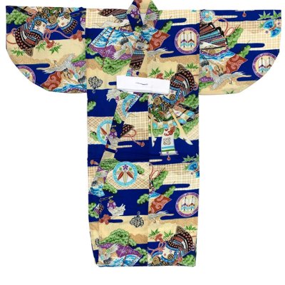 画像3: 男の子 でんちセット ウール  日本製 赤ちゃんの着物 ちゃんちゃんこセット【青系、兜・扇に舞い鶴】