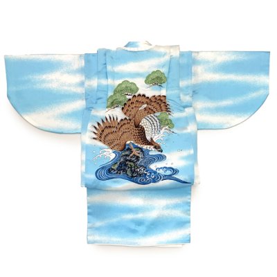 画像2: 初節句やお正月に 男の子 でんちセット 日本製 赤ちゃんの着物 ちゃんちゃんこセット 化繊【水色系、鷹】