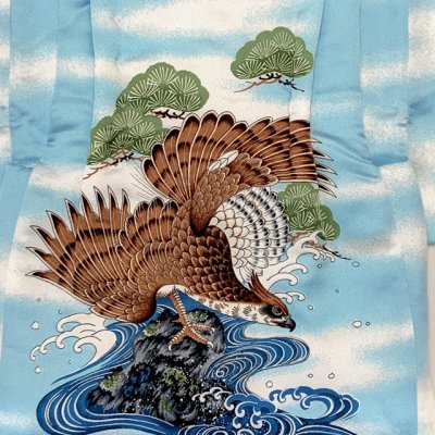 画像3: 初節句やお正月に 男の子 でんちセット 日本製 赤ちゃんの着物 ちゃんちゃんこセット 化繊【水色系、鷹】