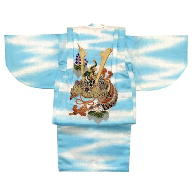 画像2: 初節句やお正月に 男の子 でんちセット 日本製 赤ちゃんの着物 ちゃんちゃんこセット 化繊【水色系、兜】